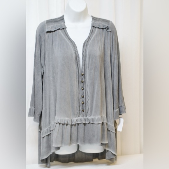 pol blouse High Low Hem 3/4 Bell sleeves V Neck Button Up Ruffle L - Picture 5 of 7